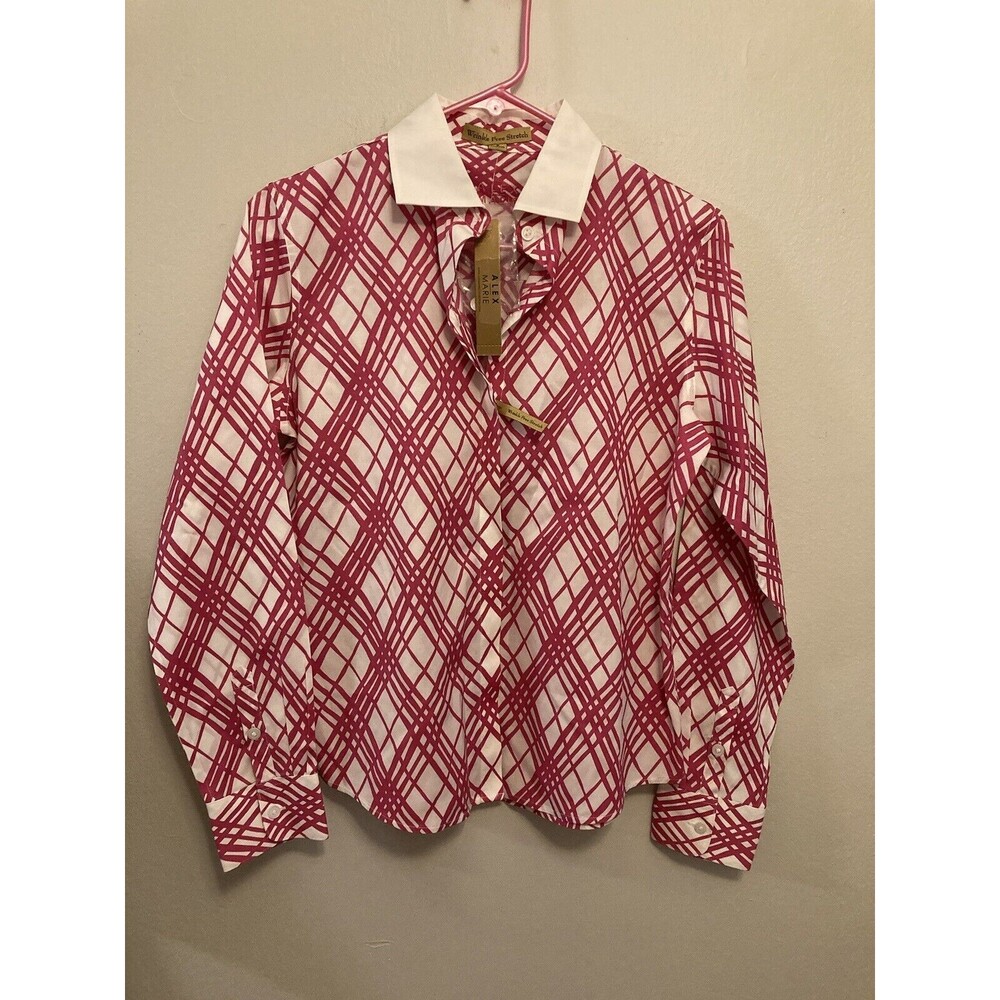 Alex Marie Women’s Button Up Top Pink White Wrinkle Free Stretch NWT Size 6